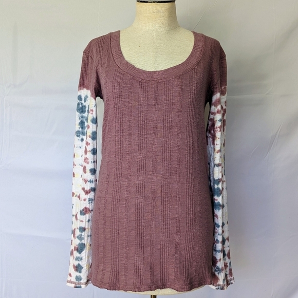 Free People Tops - Free People Big Sur Top Long Tie Dyed Sleeves Scoop Neck Ribbed Knit Mauve L EUC